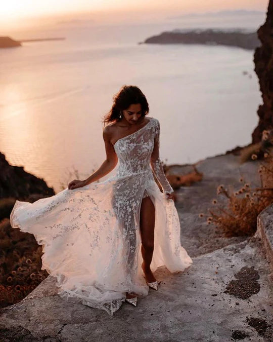 Bohemian A Line One Shoulder See Through Lace Beach Wedding Dresses