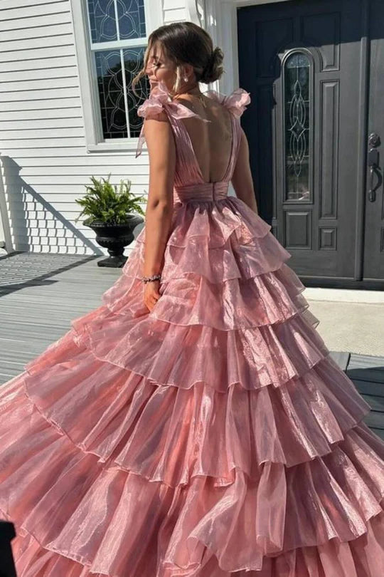 V-Neck Tiered A-Line Long Prom Dress with Bow Tie Straps