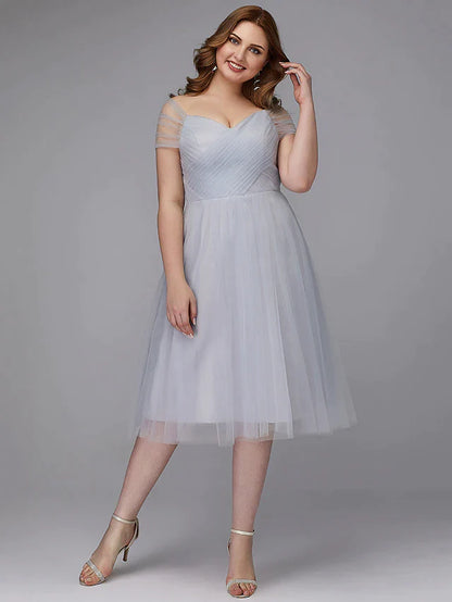 A-Line Elegant Cocktail Party Prom Dress Off Shoulder Short Sleeve Tea Length Tulle with Sash Ribbon Criss Cross