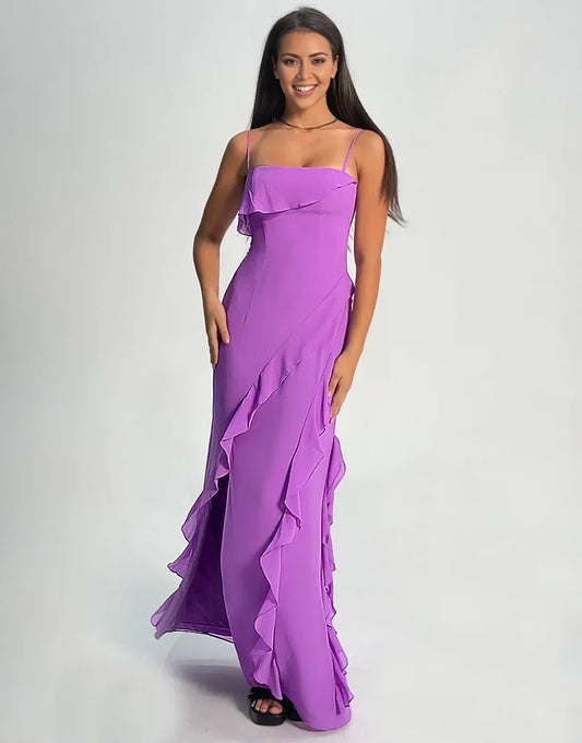 Elegant Tahiti Chiffon Square Neck Spaghetti Strap High-Slit Bridesmaid Dress with Ruffle