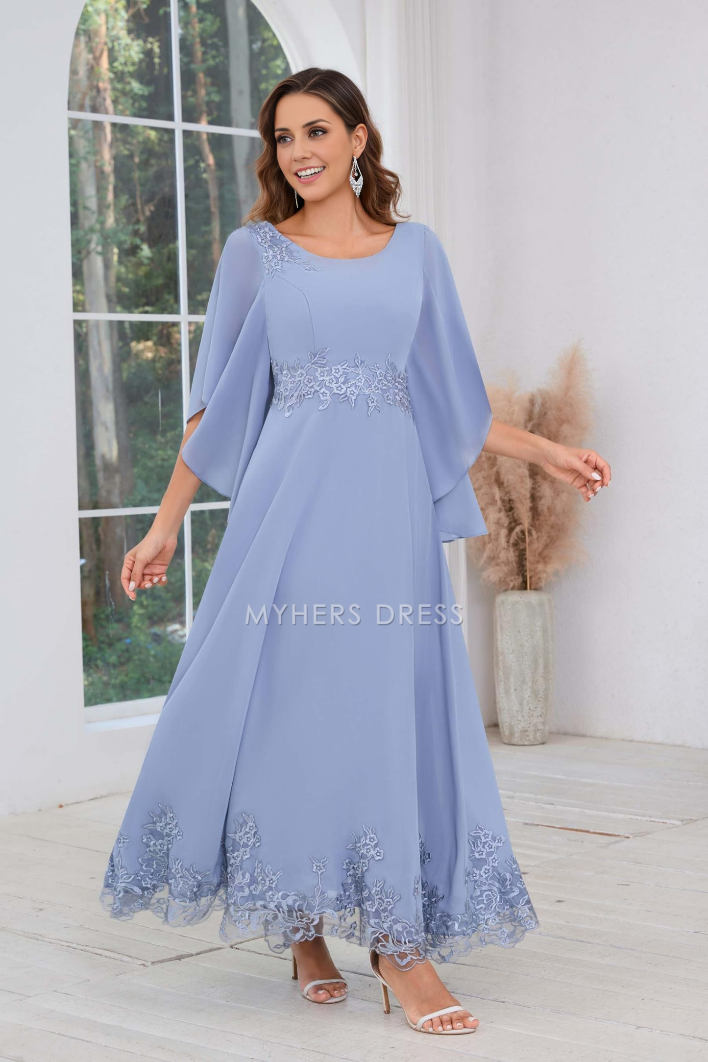 My Hers New Product Mother of The Bride Dress A Line Chiffon Ankle Length Flutter Sleeve Lace Applique Dresses Wedding Guests Dresses