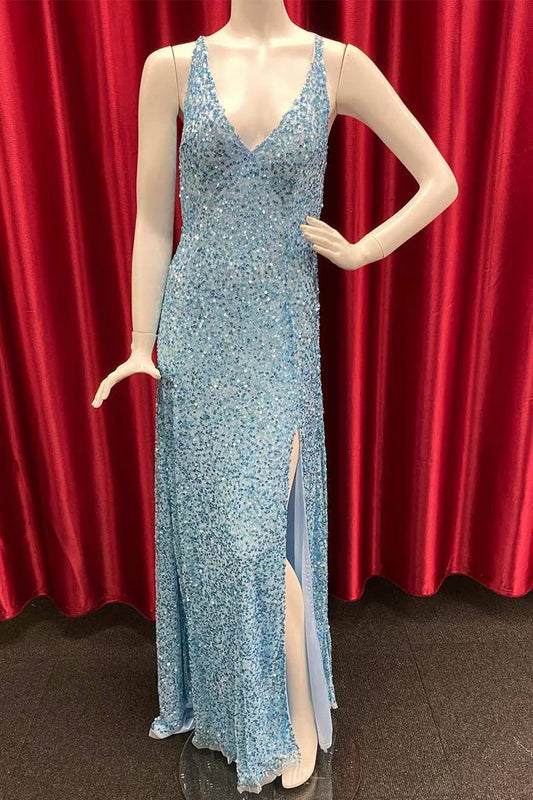 Sequin V-Neck Backless Long Prom Dress with Slit