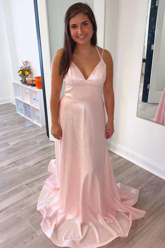V-Neck Lace-Up Back Long Prom Dress