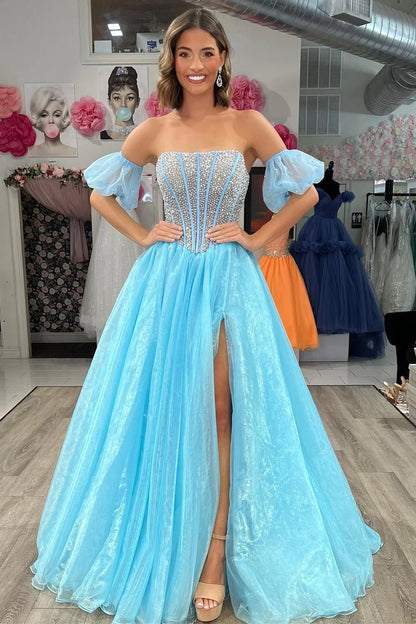 Beaded Strapless A-Line Long Prom Dress with Slit