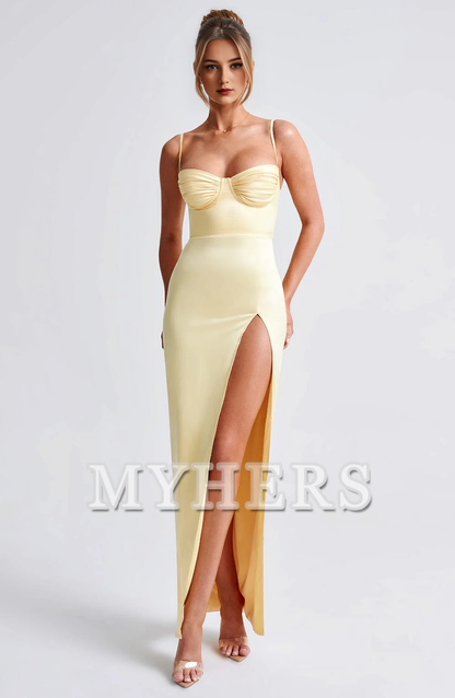 Elegant Spaghetti Strap Pleated cups Body Hugging Thigh High Split Dresses Bridesmaid Dresses Wedding Guests Dresses