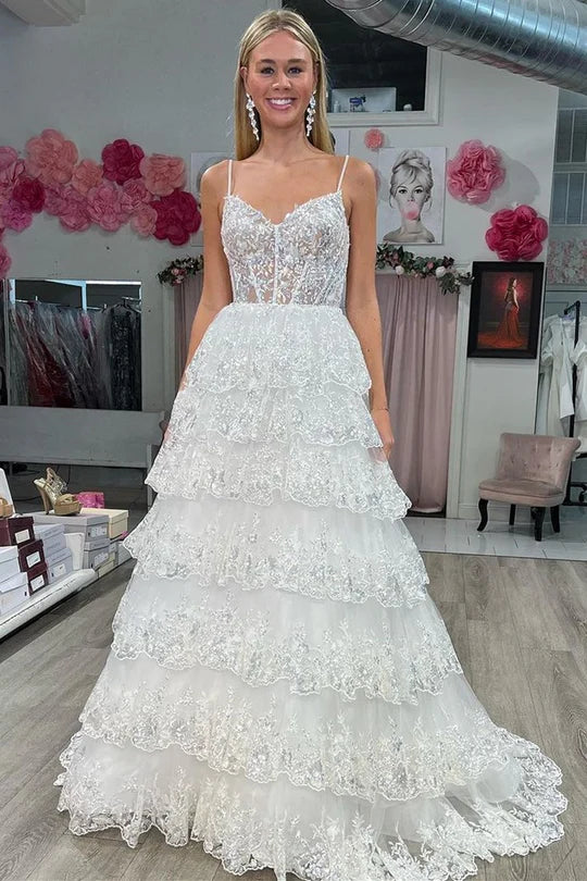 Tulle Sequin Tiered Long Gown with Spaghetti Straps