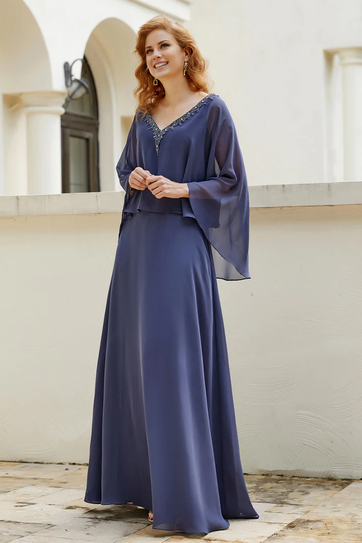 Fall Wedding Guest Dress November Mother of the Bride Dress Bead String V Neck Flutter Sleeves Chiffon Elegant Dress