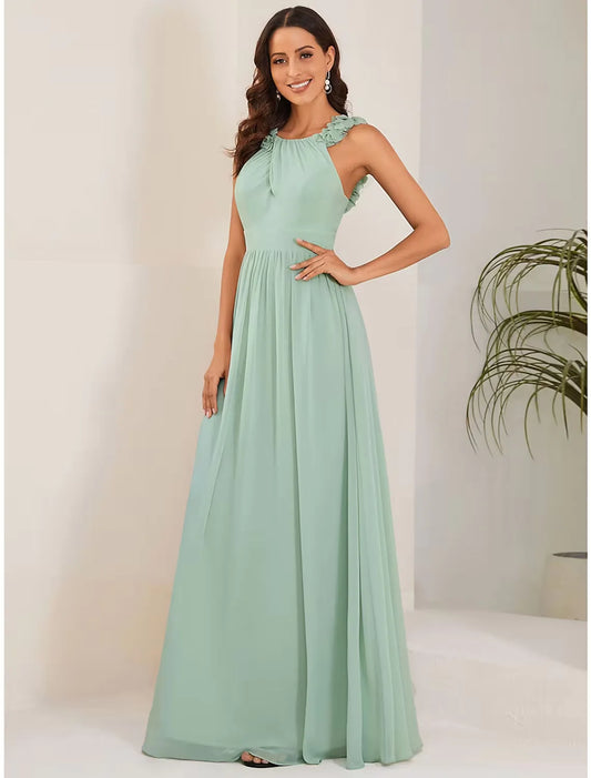 A-Line Dresses Elegant Dress Formal Floor Length Sleeveless Jewel Neck Chiffon with Pleats Shouder Flower