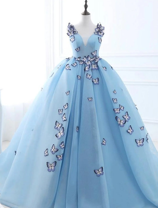 Ball Gown Prom Dresses Luxurious Dress Engagement Court Train Sleeveless V Neck Tulle with Pleats Appliques 2