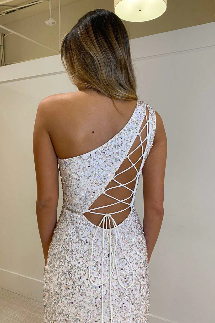Sequin One-Shoulder Lace-Up Back Long Formal Dress with Slit