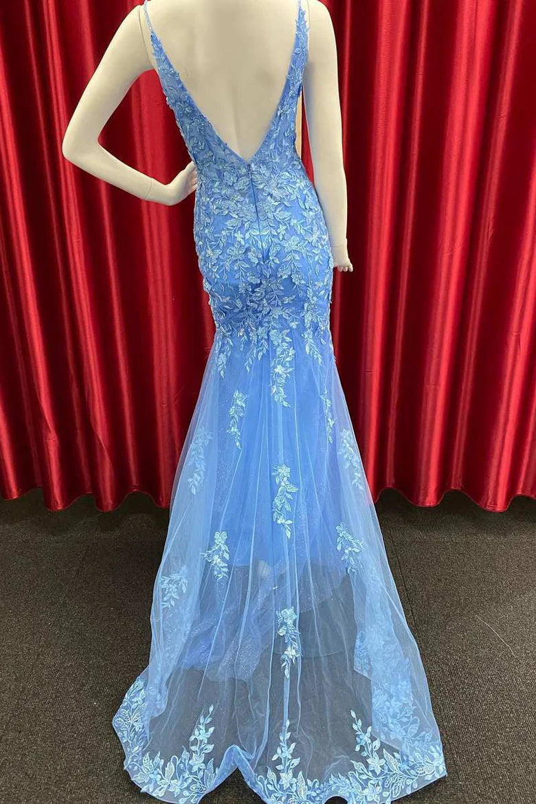 Applique V-Neck Backless Mermaid Long Prom Dress