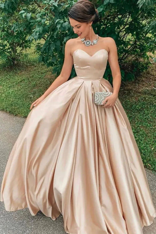 A-Line Strapless Champagne Satin Prom Dress Bridal Dresses Solid Color