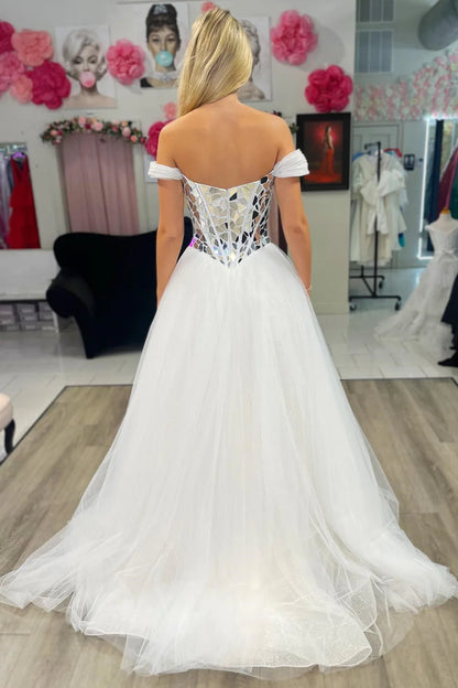 Cut Glass Mirror Off-the-Shoulder Prom Gown