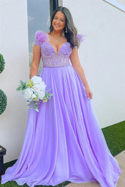 Plunging Off-the-Shoulder Feathers Appliques Long Prom Dress