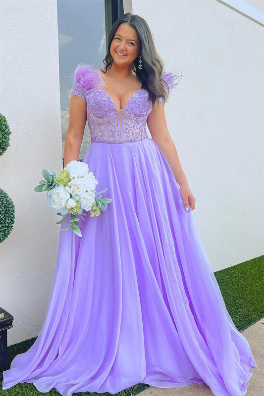 Plunging Off-the-Shoulder Feathers Appliques Long Prom Dress