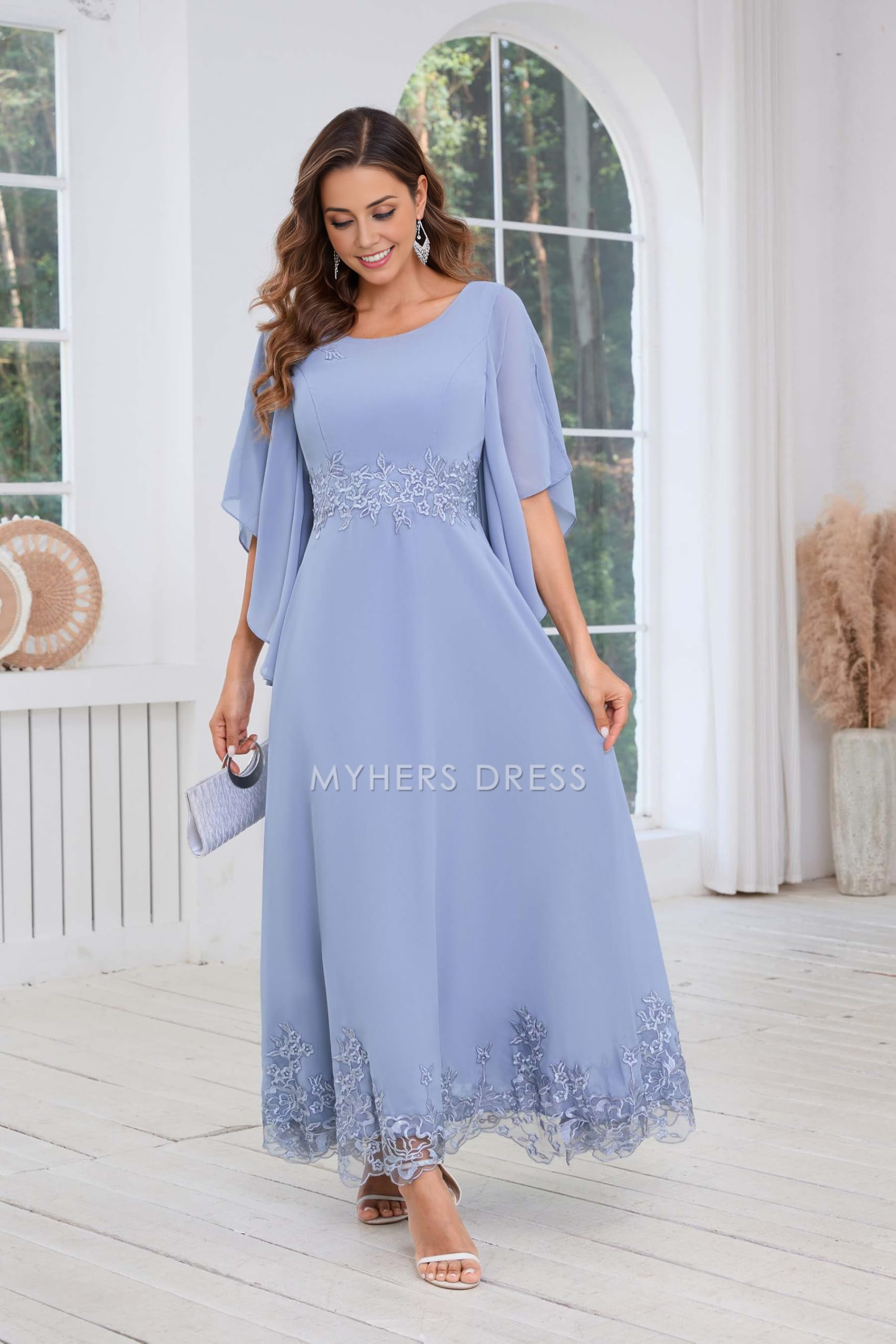 My Hers New Product Mother of The Bride Dress A Line Chiffon Ankle Length Flutter Sleeve Lace Applique Dresses Wedding Guests Dresses