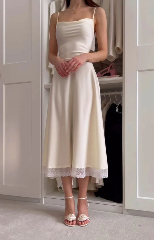 My Hers Prom Dress A Line Spaghetti Straps Lace Hemline Backless Exquisite Simple Ladies Formal Dress