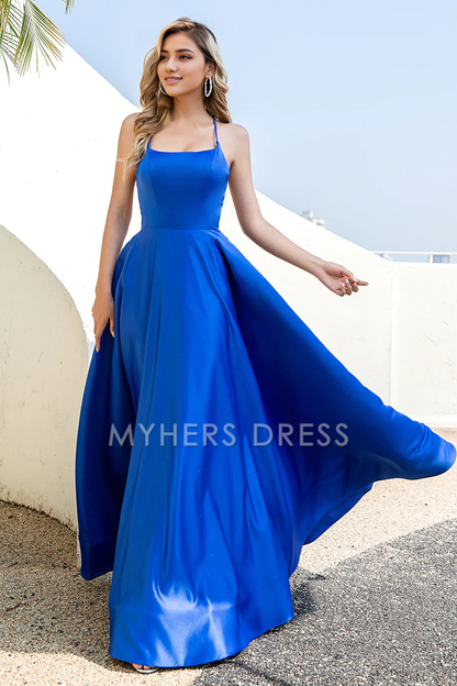 My Hers Ladies Formal Dress Elegant A Line Spaghetti Straps Backless Simple Prom Dress
