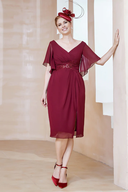 Fall Wedding Guest Dress November Mother of the Bride Dress Pleated V-neck Flutter Sleeves Chiffon Split Fork Short Dress