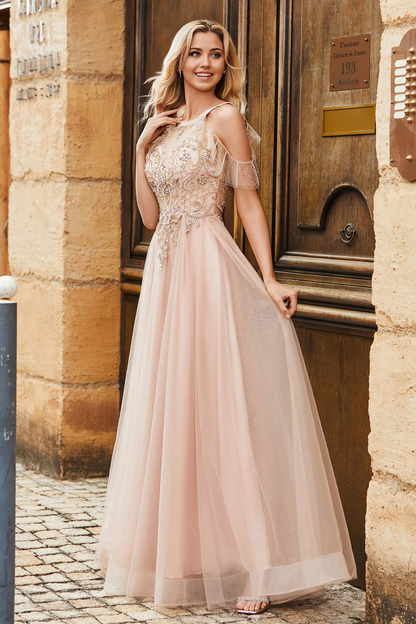 Prom Dresses A-Line Flutter Sleeves Jewel Tulle Backless Rhinestone Ruched Sequins Floor-Length Formal Women's Dresses