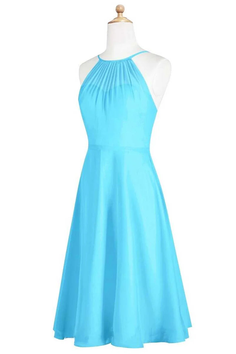 Pool Blue Cute Halter Spaghetti Straps  Sleeveless Short Bridesmaid Dress