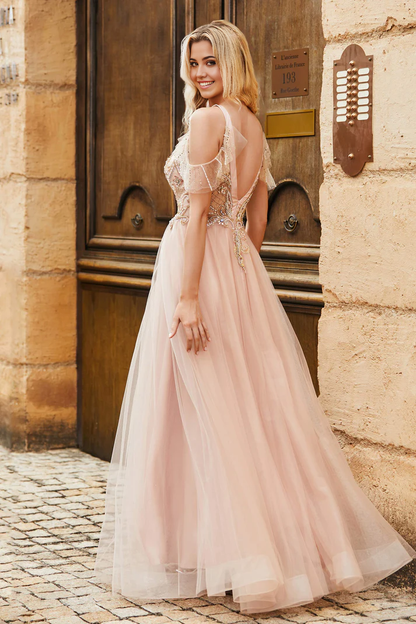 Prom Dresses A-Line Flutter Sleeves Jewel Tulle Backless Rhinestone Ruched Sequins Floor-Length Formal Women's Dresses