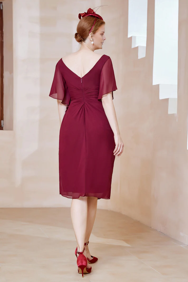 Fall Wedding Guest Dress November Mother of the Bride Dress Pleated V-neck Flutter Sleeves Chiffon Split Fork Short Dress