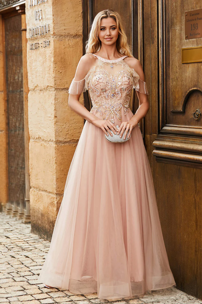 Prom Dresses A-Line Flutter Sleeves Jewel Tulle Backless Rhinestone Ruched Sequins Floor-Length Formal Women's Dresses