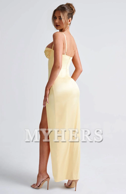 Elegant Spaghetti Strap Pleated cups Body Hugging Thigh High Split Dresses Bridesmaid Dresses Wedding Guests Dresses