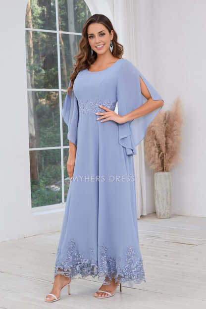 My Hers New Product Mother of The Bride Dress A Line Chiffon Ankle Length Flutter Sleeve Lace Applique Dresses Wedding Guests Dresses