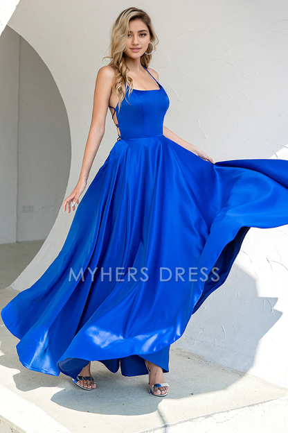 My Hers Ladies Formal Dress Elegant A Line Spaghetti Straps Backless Simple Prom Dress