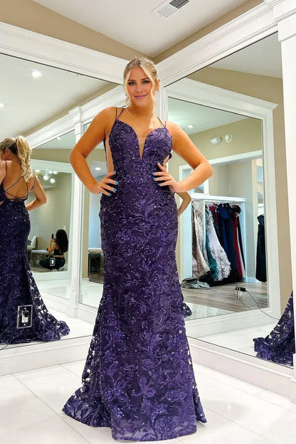 Charming Mermaid V Neck Spaghetti Strap Purple Sequins Backless Long Prom Dresses