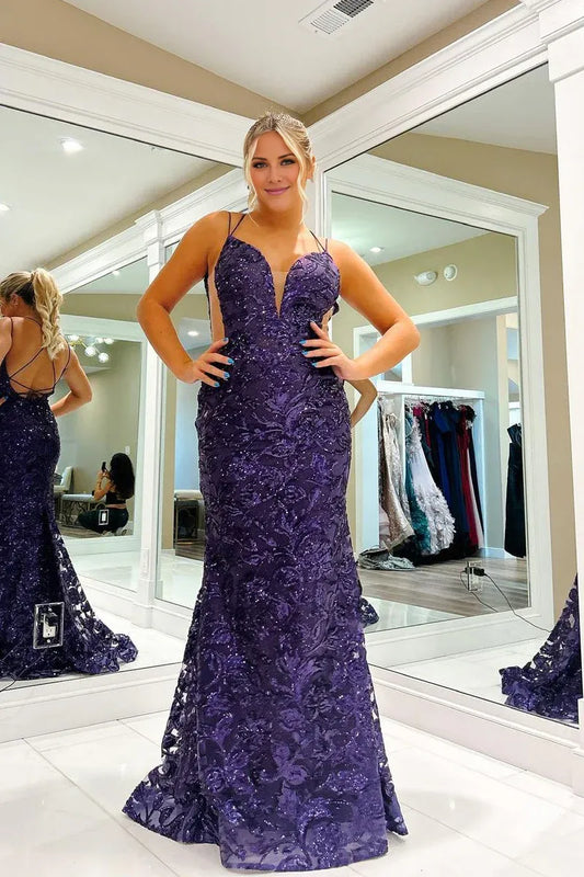 Charming Mermaid V Neck Spaghetti Strap Purple Sequins Backless Long Prom Dresses
