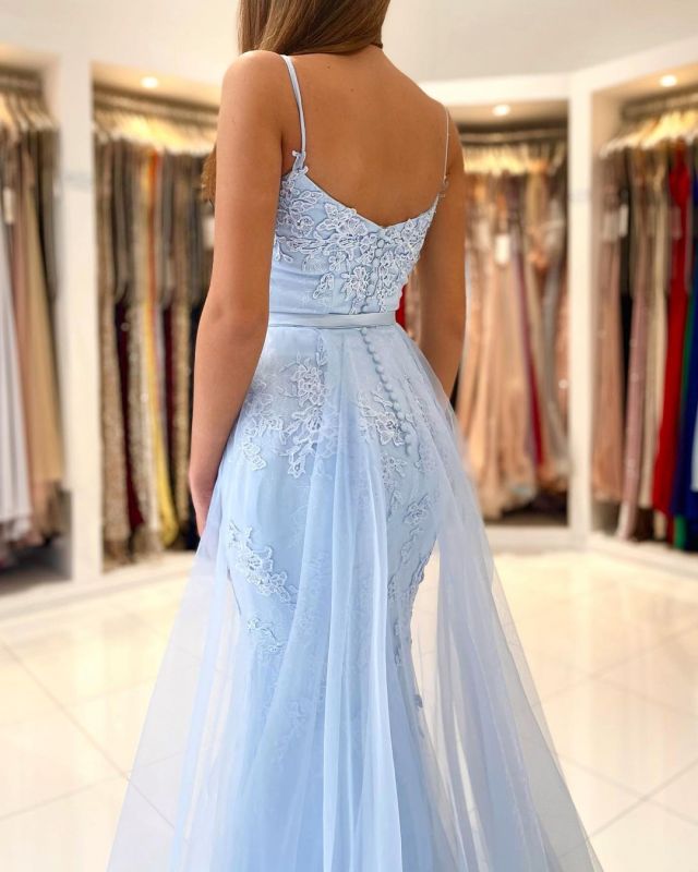 Sheath Mermaid Spaghetti Straps Sweep/Brush Train Dresses Tulle Detachable  Evening Dress
