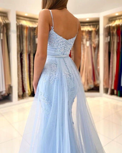 Sheath Mermaid Spaghetti Straps Sweep/Brush Train Dresses Tulle Detachable  Evening Dress