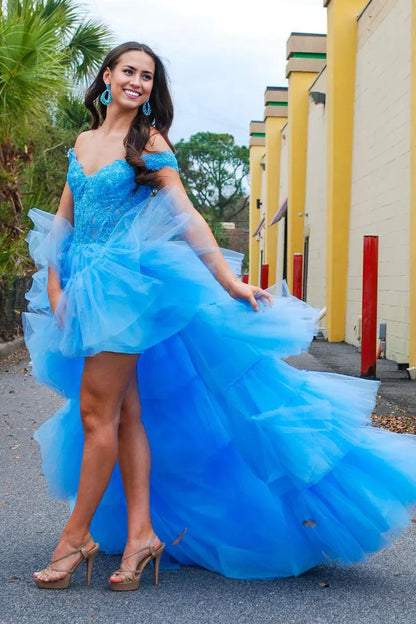 Stunning Off the Shoulder Blue Applique Tulle High Low Long Prom Dresses