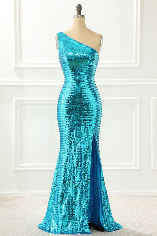 One Shoulder Blue Sparkly Slim-fit Wrap The Buttocks Prom Dress with Slit