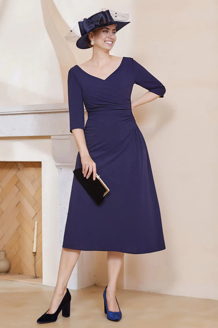 Fall Wedding Guest Dress November Mother of the Bride Dress V-neck Pleated Tea-Length Dress Simple Elegant Dress