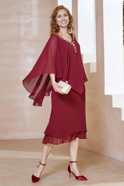 Fall Wedding Guest Dress November Mother of the Bride Dress Sheath Beaded V-neck Flutter Sleeves Irregular Chiffon Dress