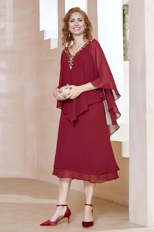 Fall Wedding Guest Dress November Mother of the Bride Dress Sheath Beaded V-neck Flutter Sleeves Irregular Chiffon Dress