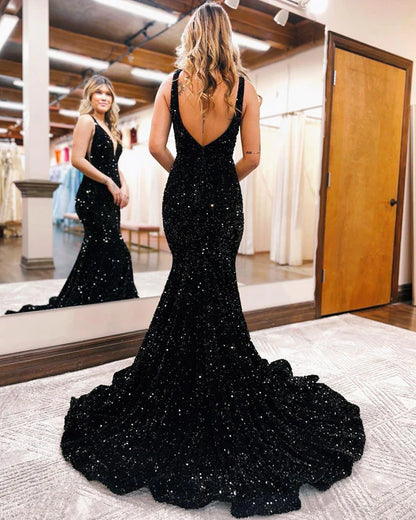 Charming Mermaid Deep V Neck Black Sequins Backless Prom Dresses