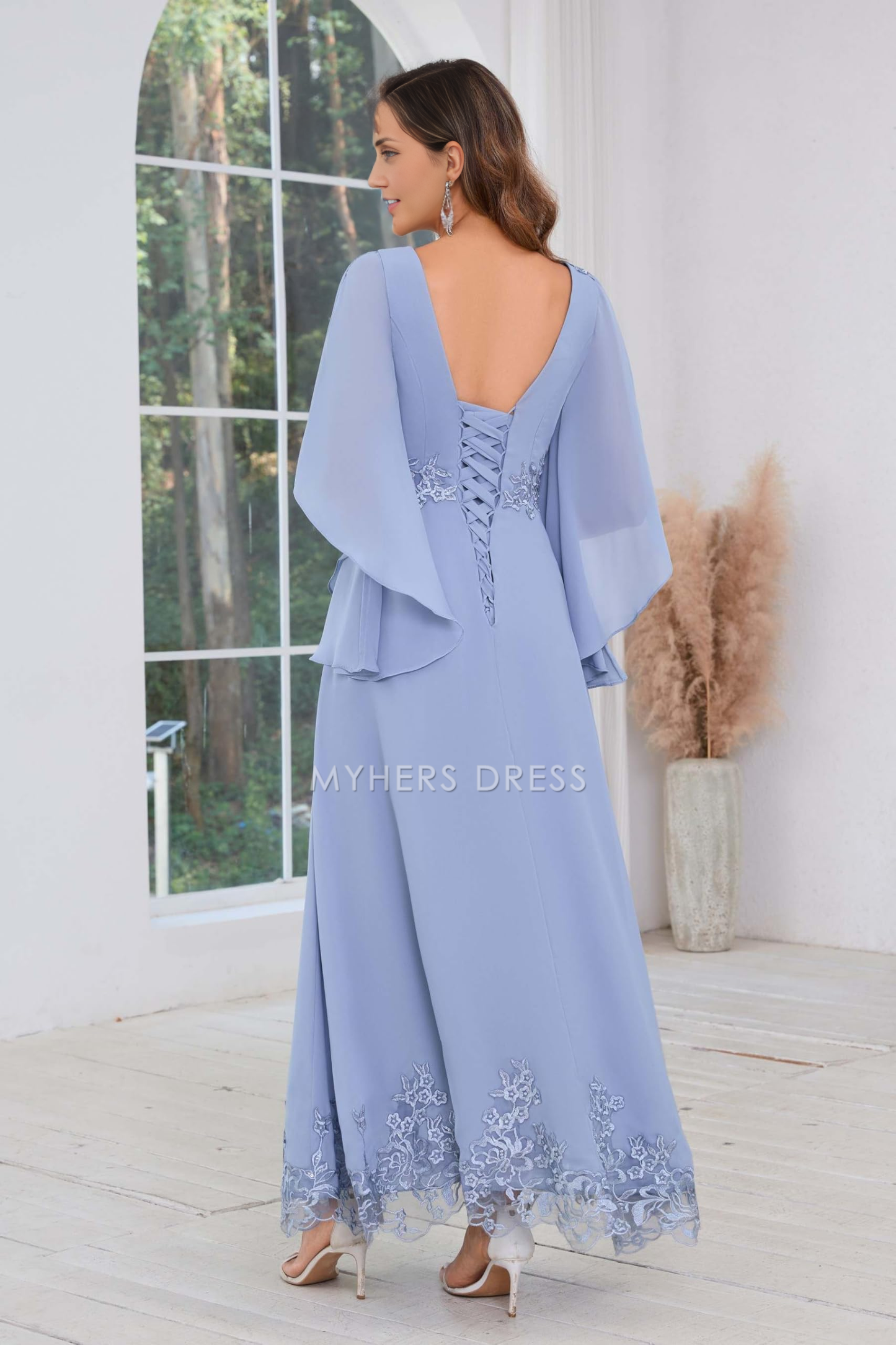 My Hers New Product Mother of The Bride Dress A Line Chiffon Ankle Length Flutter Sleeve Lace Applique Dresses Wedding Guests Dresses