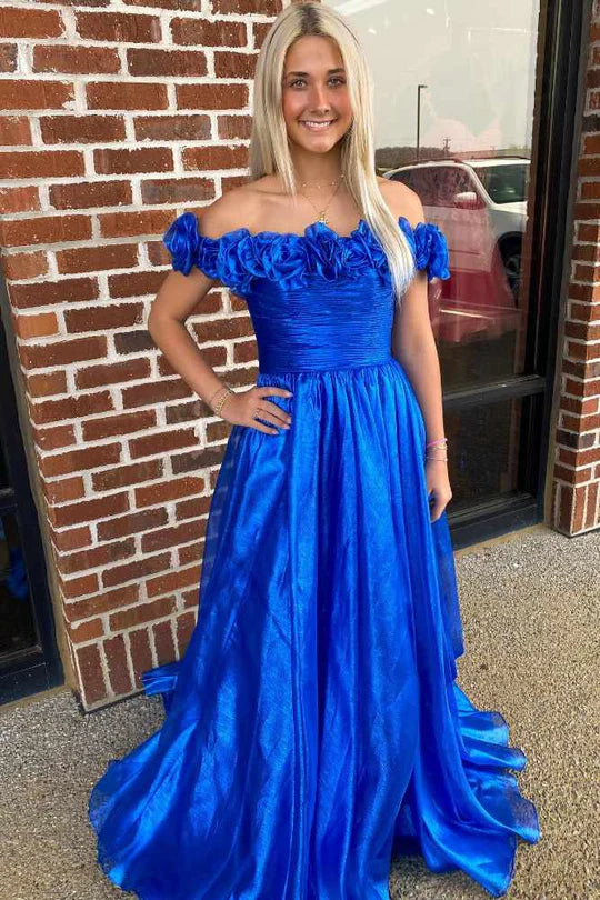 Off the Shoulder A-Line Prom Dress with 3D Floral