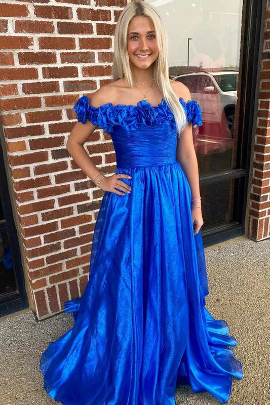 Off the Shoulder A-Line Prom Dress with 3D Floral