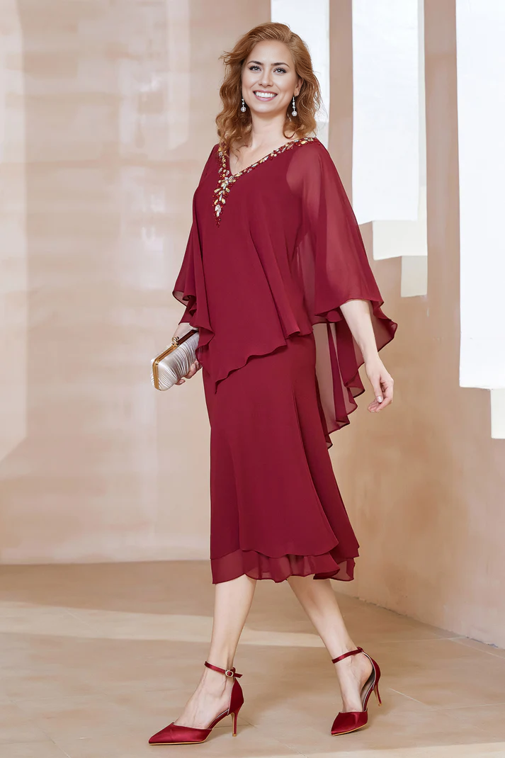 Fall Wedding Guest Dress November Mother of the Bride Dress Sheath Beaded V-neck Flutter Sleeves Irregular Chiffon Dress