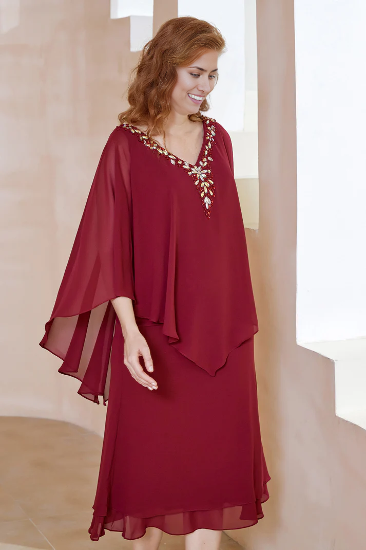 Fall Wedding Guest Dress November Mother of the Bride Dress Sheath Beaded V-neck Flutter Sleeves Irregular Chiffon Dress