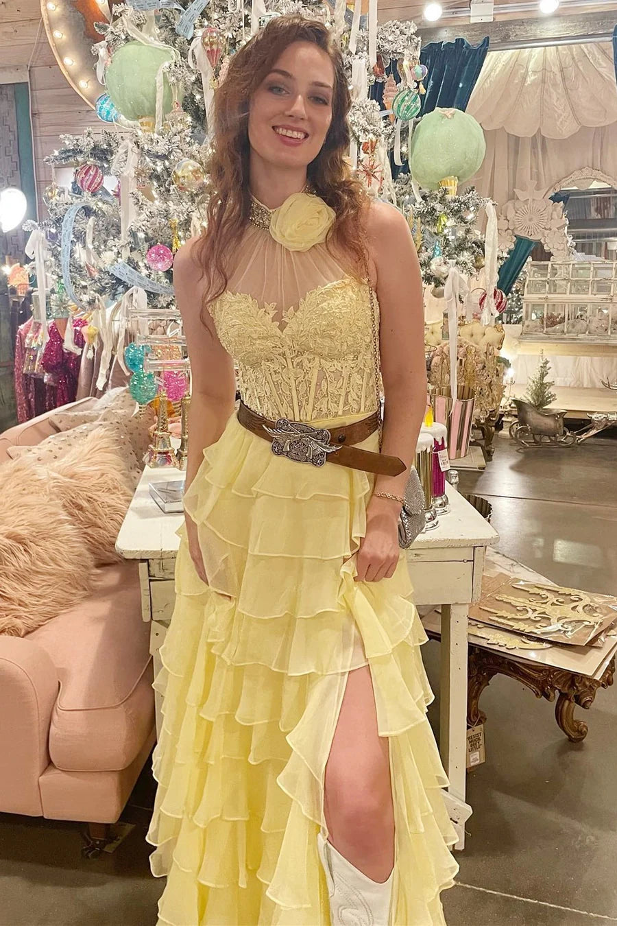 Halter Ruffle Tiered Chiffon Long Prom Dress