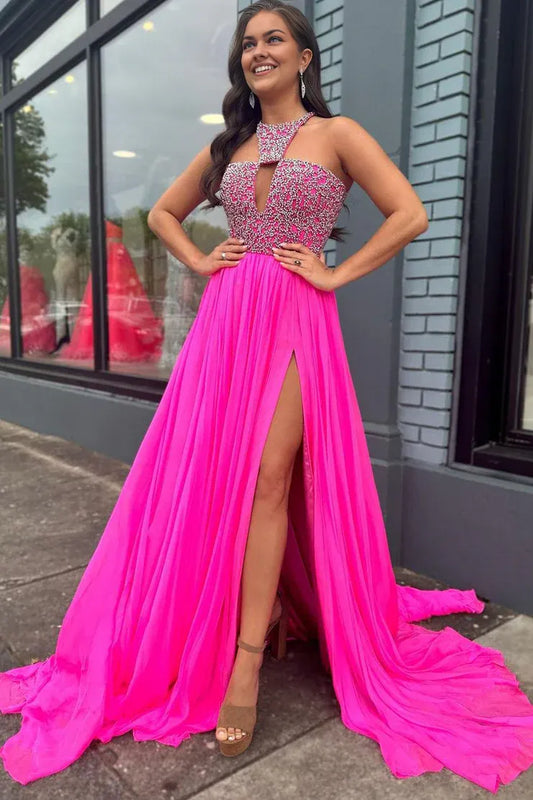 Beautiful A-Line Halter Hot Pink Chiffon Long Prom Dresses with Beading