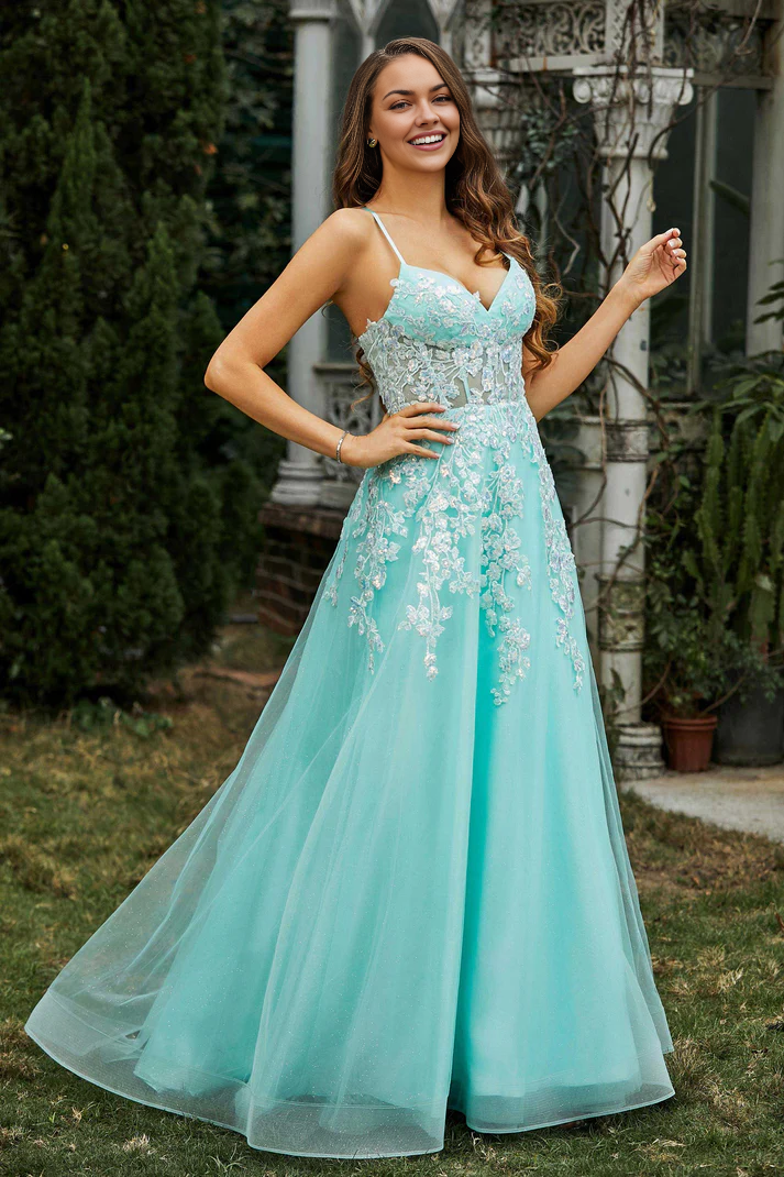 Prom Dresses A-Line Sweetheart Spaghetti Straps Applique Tulle Sweep Train Lace Up Crossed Straps Formal Women's Dresses