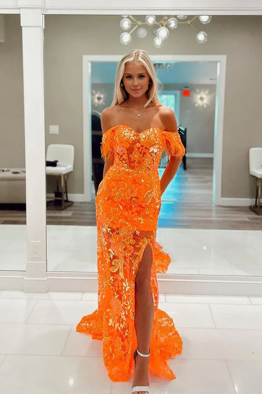 Cute Mermaid Sweetheart Orange Off-the-Shoulder Lace Lace-Up Back Long Prom Dresses